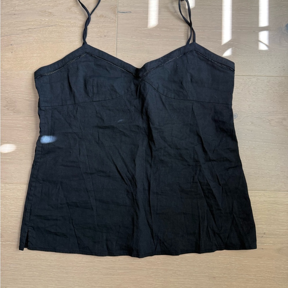 Theory black linen top straps